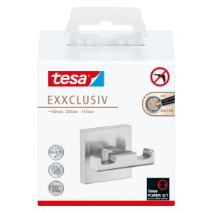 Tesa Exxclusiv Doppelhaken in Edelstahloptik für Bad und Küche, einfache Montage ohne Bohren.