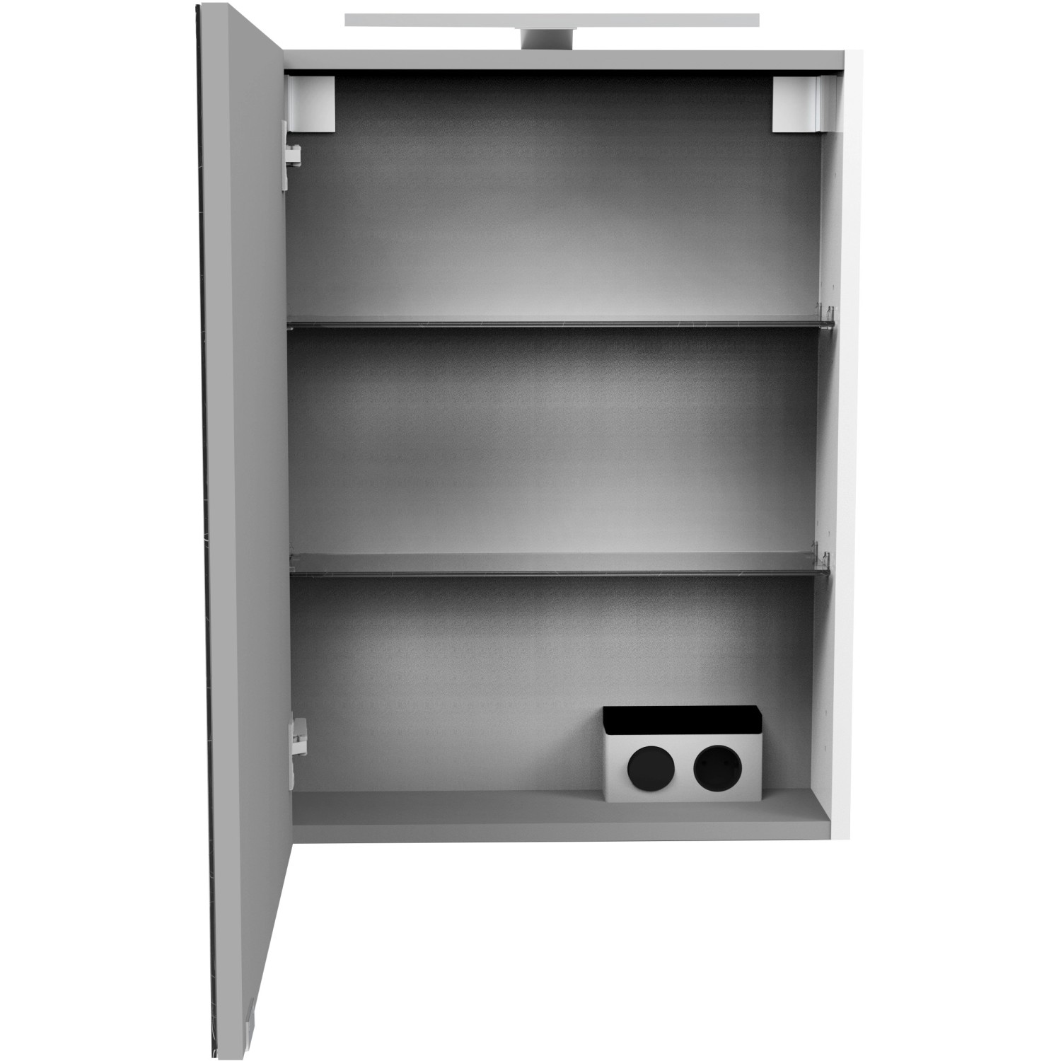 Offener Fackelmann Spiegelschrank SBC, weiß, 50 cm breit, mit zwei Einlegeböden.