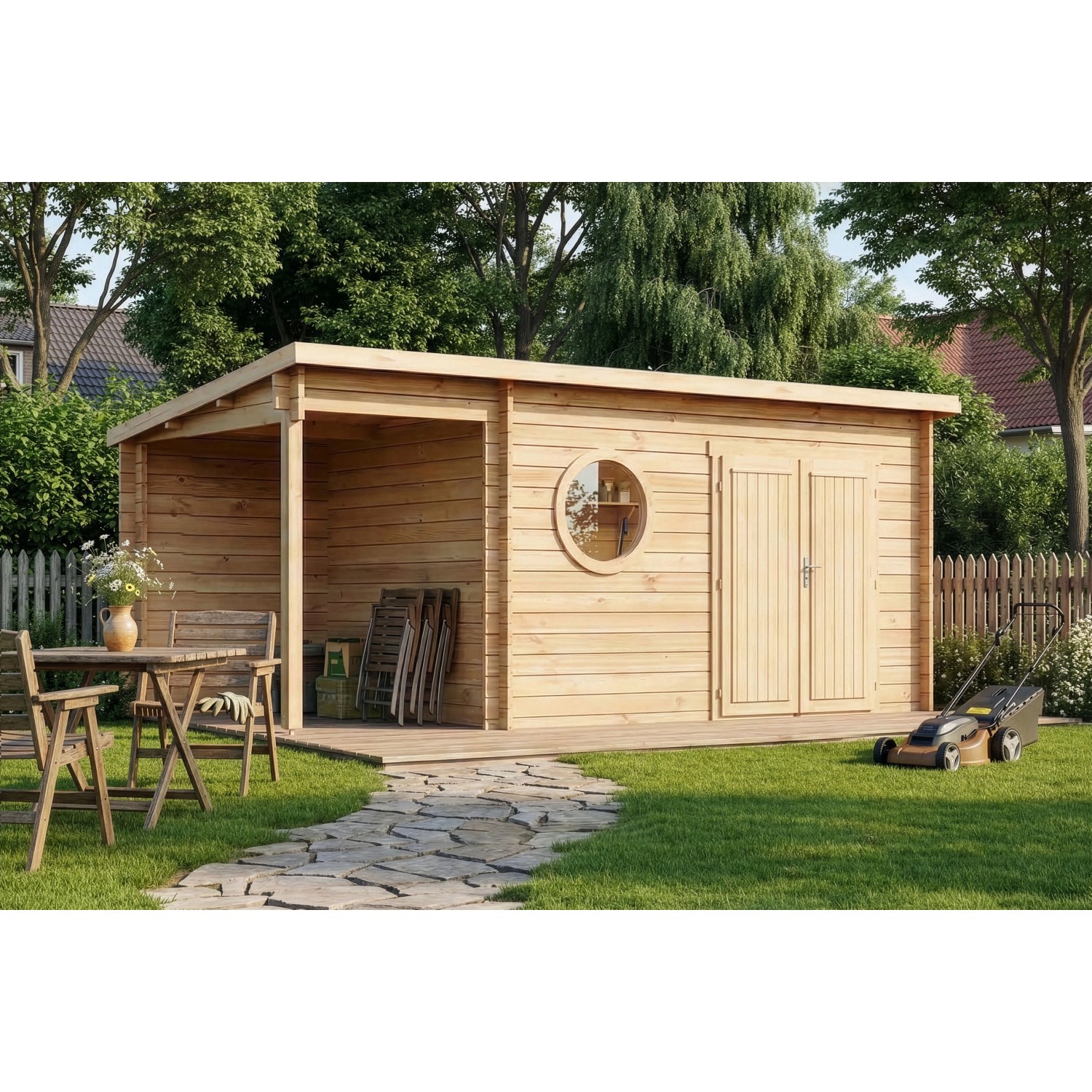 Alpholz Holz-Gartenhaus Maria Rondo C 550x270cm Naturbelassen 34mm Wandstärke