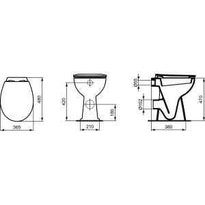 Technische Zeichnung: Ideal Standard Eurovit Stand-WC, erhöhte Ausführung, Maße und Ansichten.