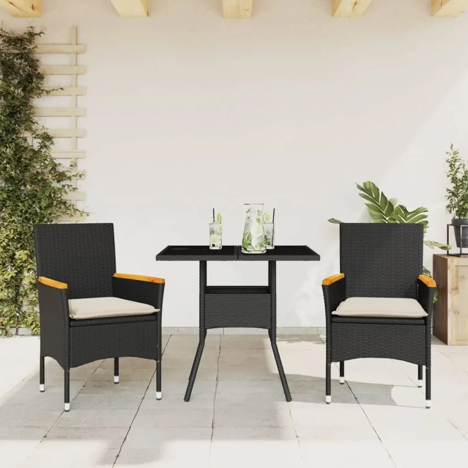 vidaXL 3-tlg. Garten-Essgruppe aus Rattan mit Tisch, 2 Stühlen und Kissen.