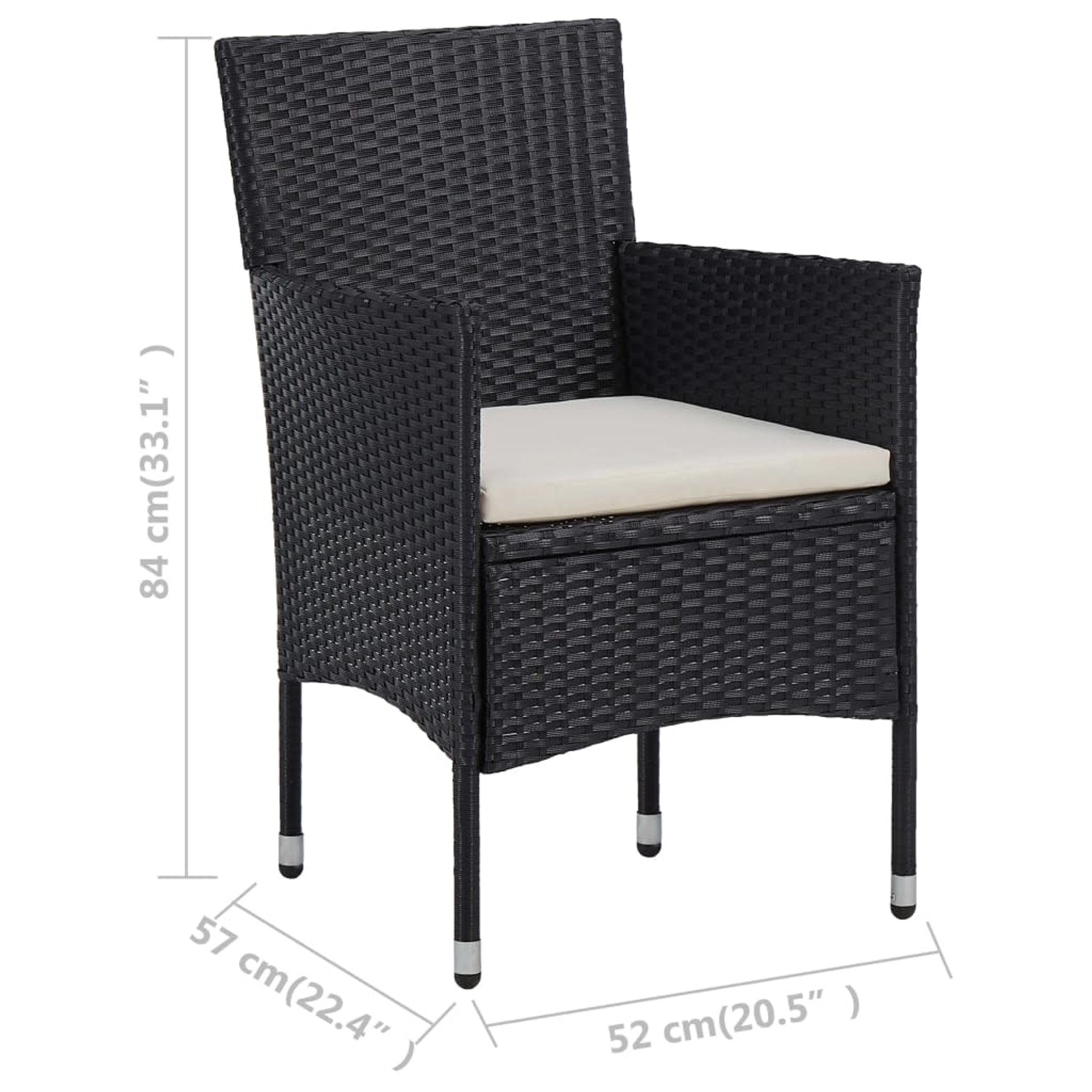 Schwarzer vidaXL Gartenstuhl aus Rattan mit creme-farbenem Kissen, Teil eines Bistro-Sets.
