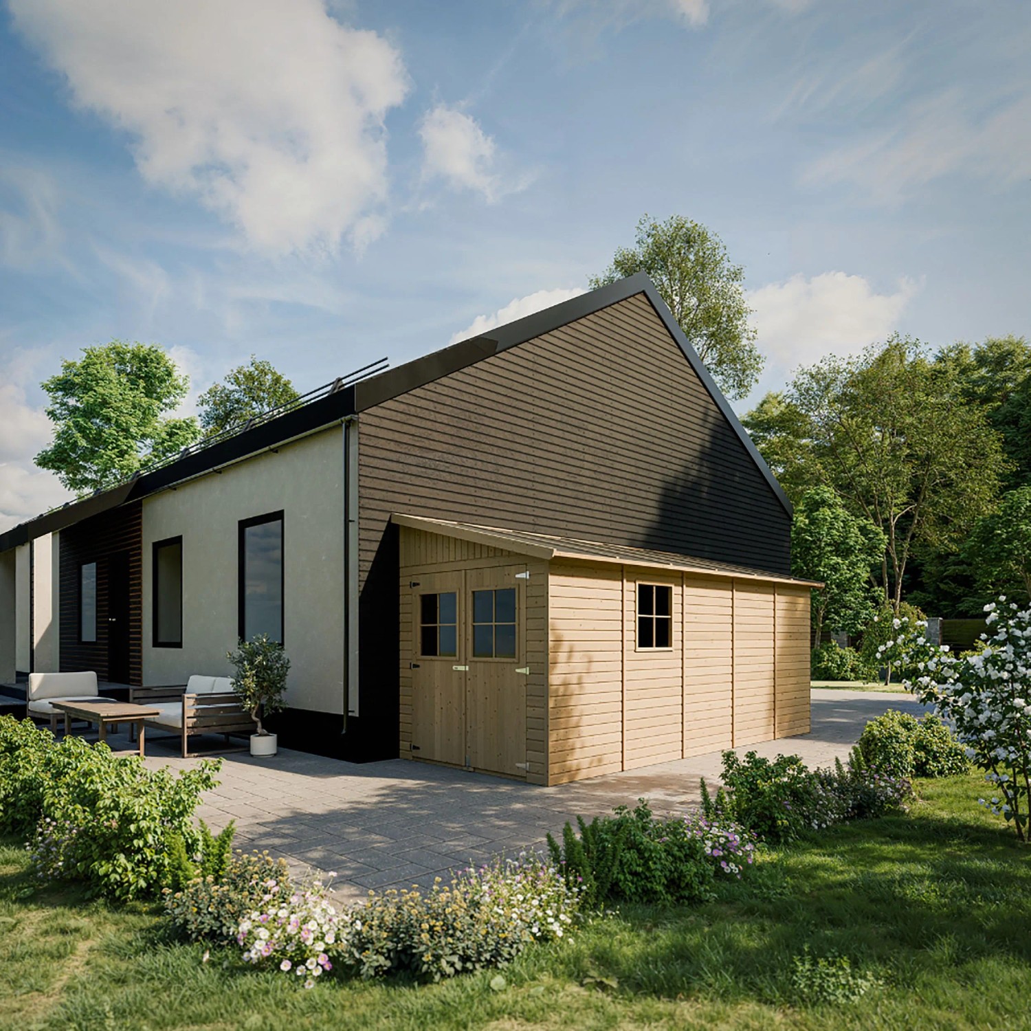 Timbela Anbau-Gartenhaus Holz M341A+M341G 10 m² mit Seitenwand und Boden günstig online kaufen