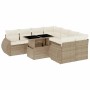 Beige 9-teilige Garten Sofagarnitur aus Poly Rattan mit Tisch und Kissen.