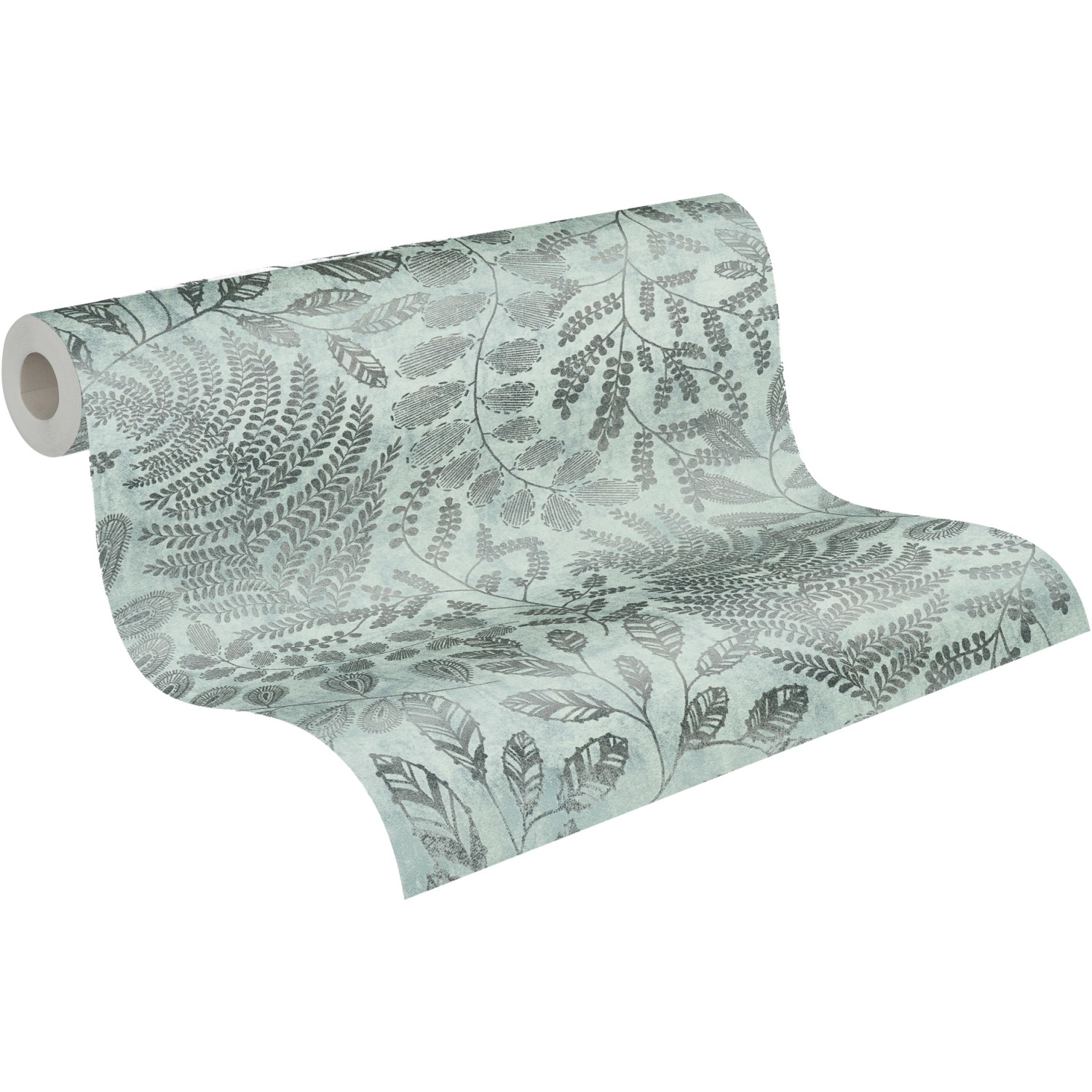 A.S. Création Vliestapete mit Blätter-Motiv in Blau und Silber auf einer Rolle.