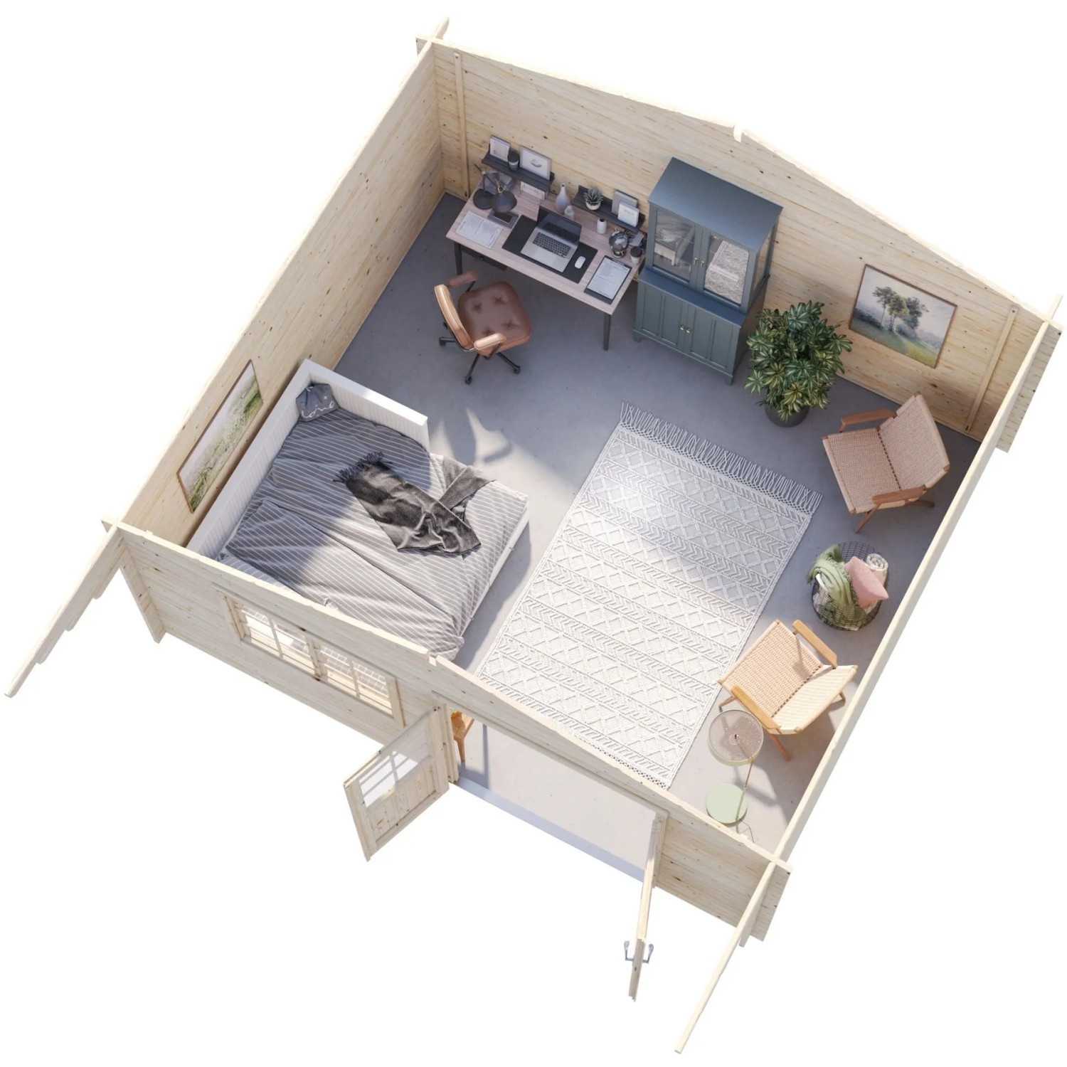 Innenansicht Palmako Gartenhaus Britta: Schlafbereich, Arbeitsplatz und Sitzecke. Holz-Gartenhaus mit vielseitiger Nutzung.