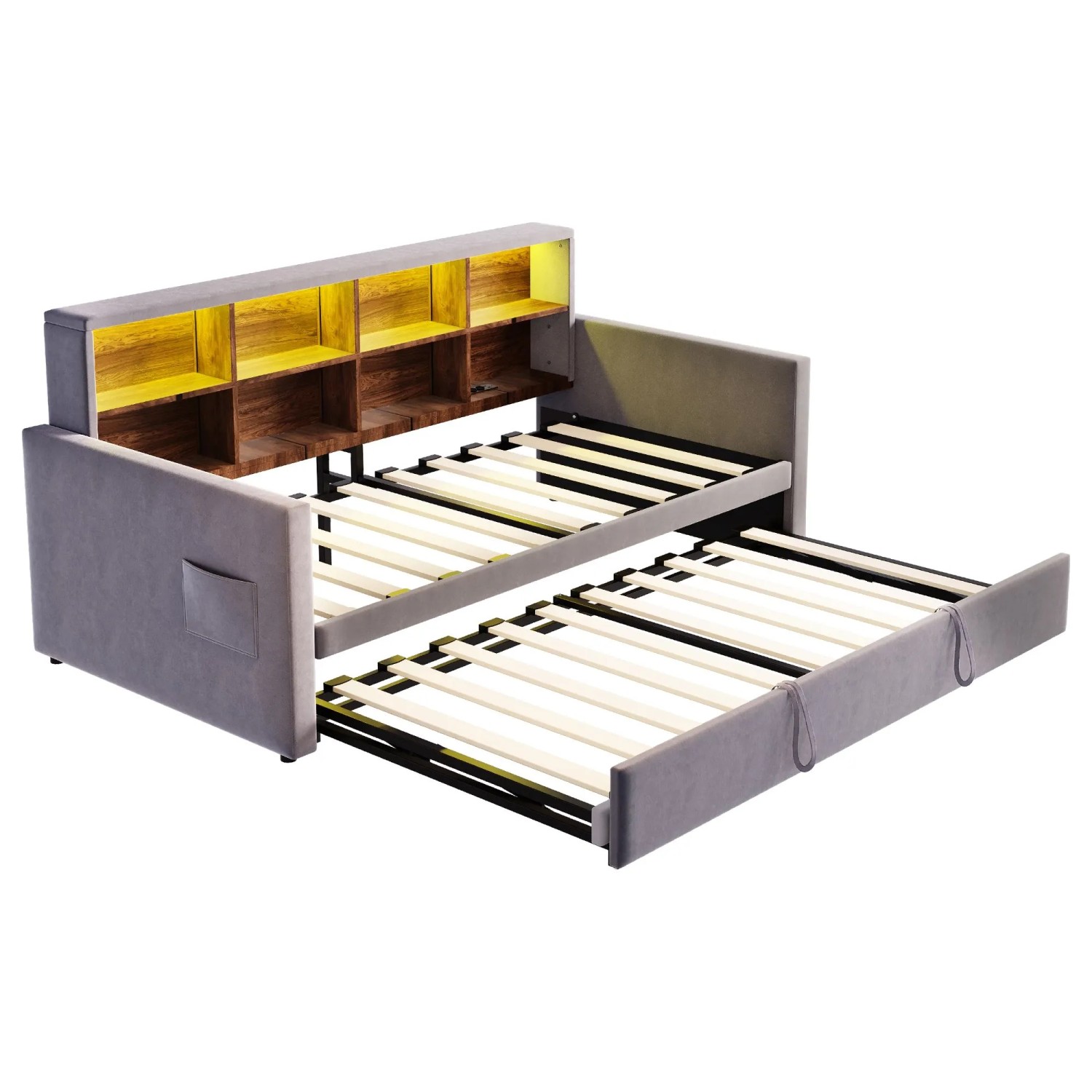 Merax Schlafsofa 90x190cm LED Stauraum Samt Dunkelgrau