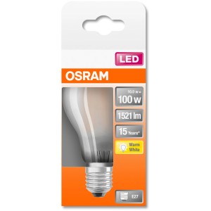 Osram E27 LED Leuchtmittel in Glühlampenform, 11W, warmweiß, in Verpackung.
