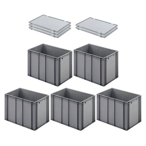 PROREGAL SuperSparSet: 5 graue Euroboxen (70L) mit Deckel. Ideal zur Aufbewahrung und Transport.