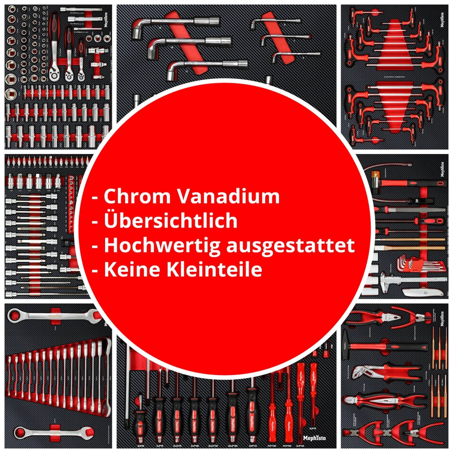 Mephisto Werkzeugwagen mit Werkzeug und Pfeifenkopfschlüssel, sortiert in 7 Schubladen.