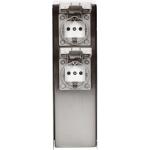 2-fach Steckdosensäule IP44 in Silber für den Außenbereich. Edelstahlgehäuse mit zwei grauen Steckdosen.