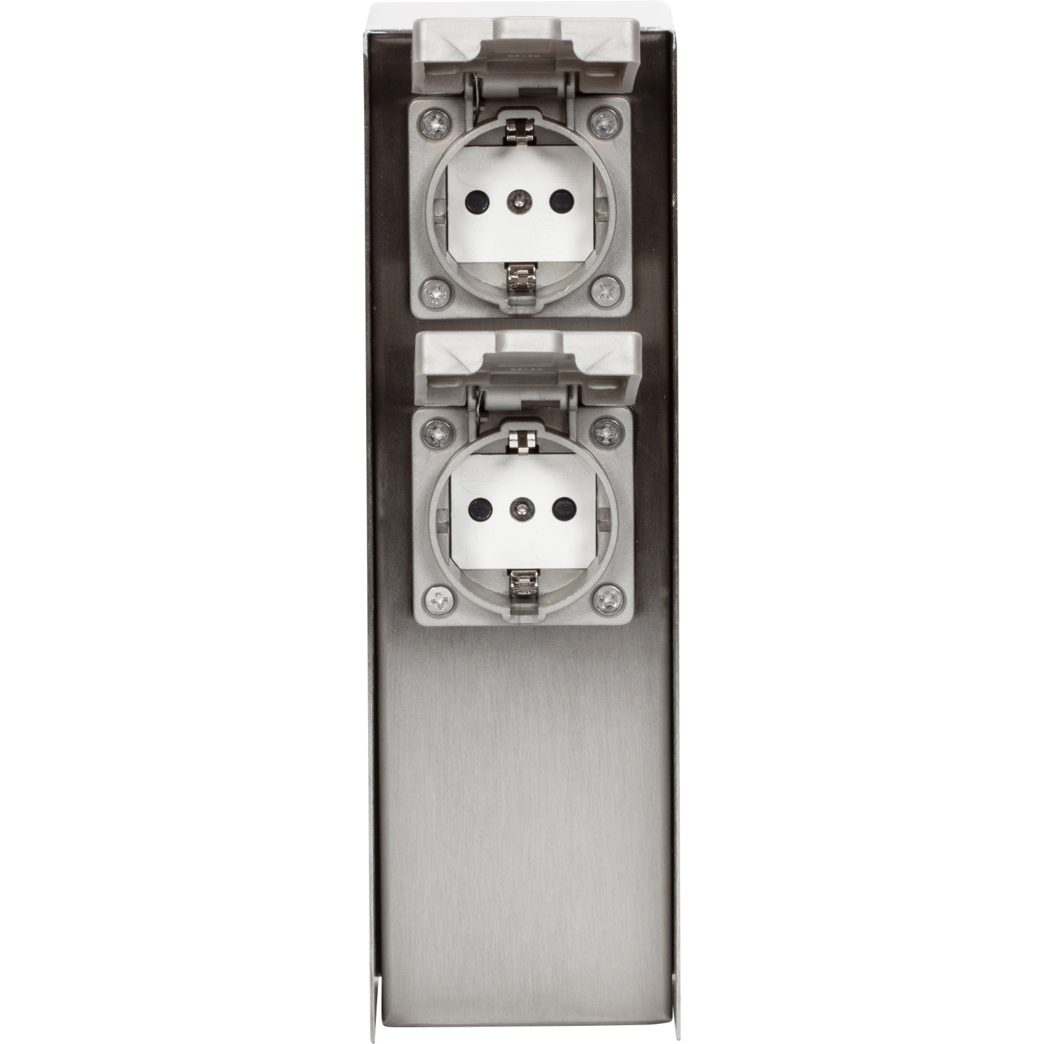 2-fach Steckdosensäule IP44 in Silber für den Außenbereich. Edelstahlgehäuse mit zwei grauen Steckdosen.