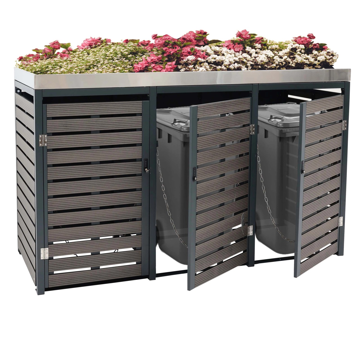 MCW 3er Mülltonnenbox K14 Anthrazit, 124x200x84cm mit Bepflanzung auf dem Dach.