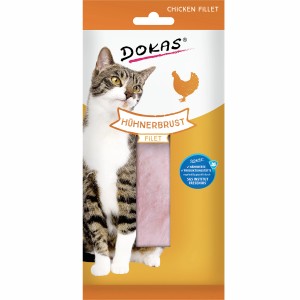 Verpackung Dokas Hühnerbrust Filet 22g für Katzen, mit Katzenbild. Getrockneter Hunde-Natursnack.