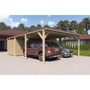 Doppelcarport Ralf mit Geräteraum aus Holz, naturbelassen, mit zwei parkenden Autos.