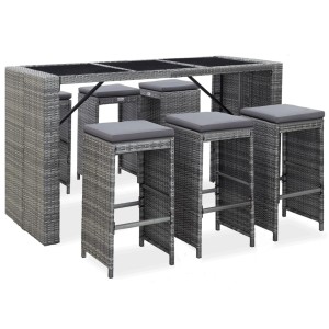 Graues 7-tlg. Gartenbar-Set aus Rattan mit Tisch, 6 Hockern und Auflagen.