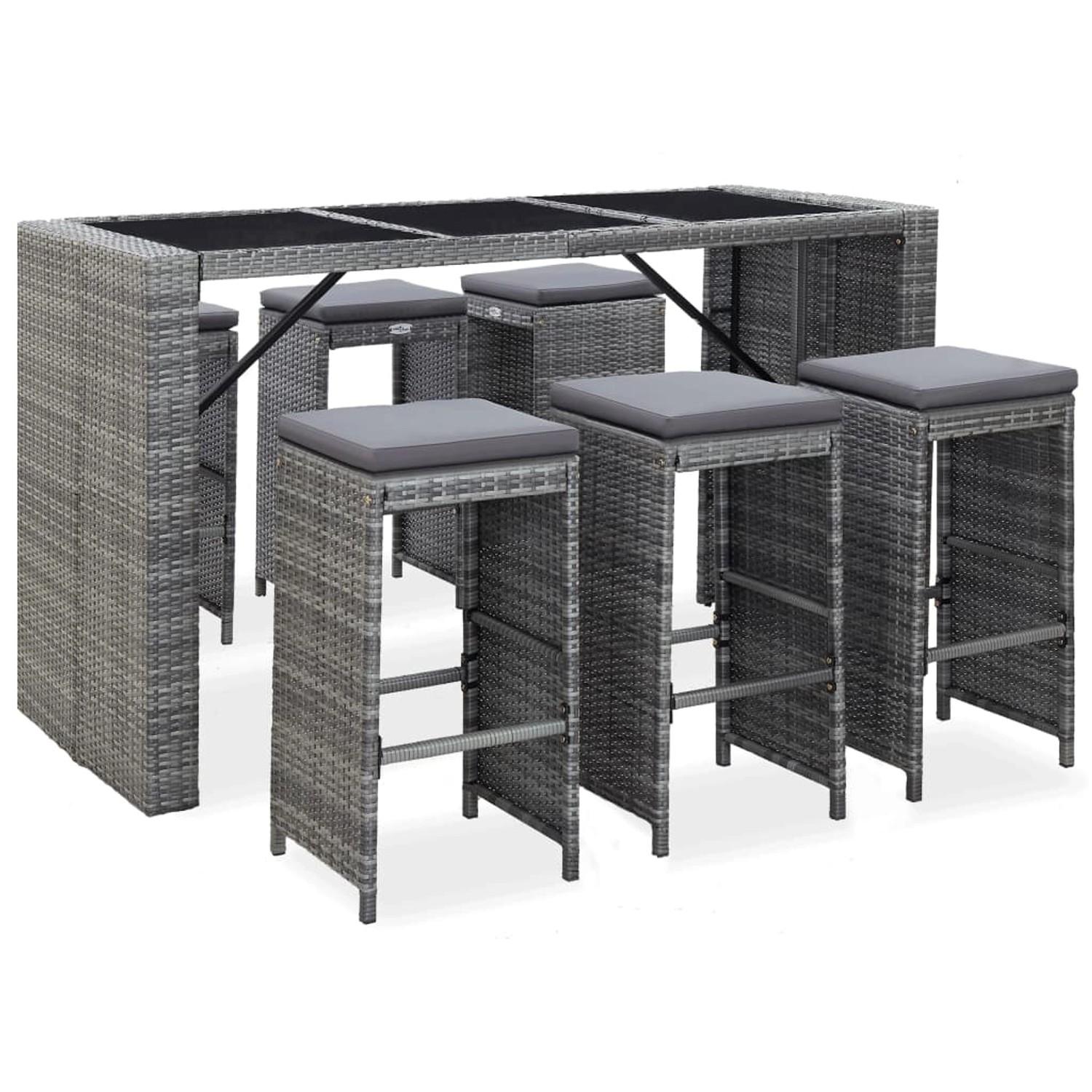 vidaXL 7-tlg Gartenbar-Set mit Auflagen Poly Rattan Grau Modell 1