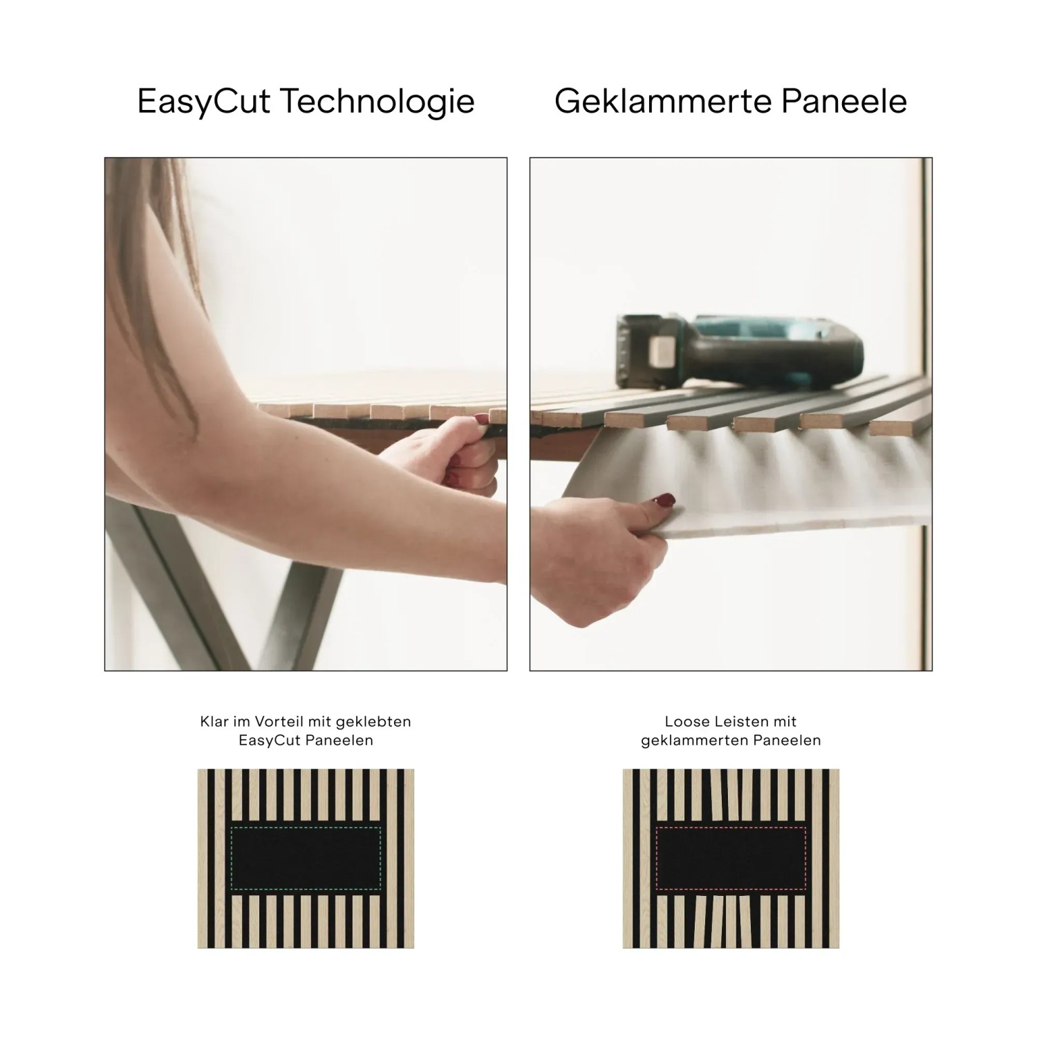 Amadeo Akustikpaneel: Vergleich EasyCut (geklebt) vs. geklammert, für einfache Montage & Zuschnitt.