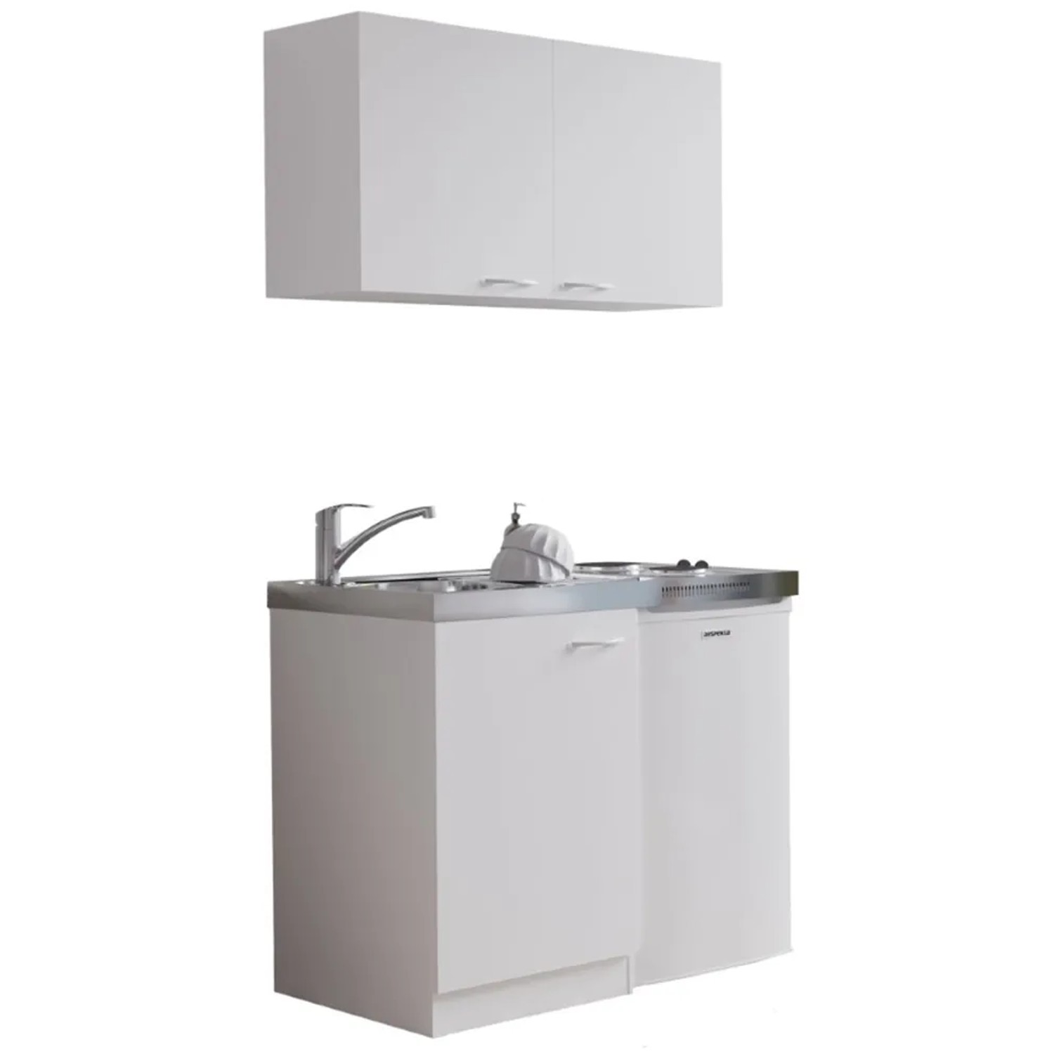 Respekta Miniküche MK100WOS, 100 cm, Weiß: Kompakte Küchenzeile mit Spüle, Kochfeld, Kühlschrank und Ober-/Unterschrank.