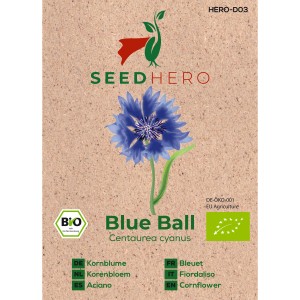 Seedhero BIO Kornblume Blue Ball Samenpackung mit blauer Blüte.