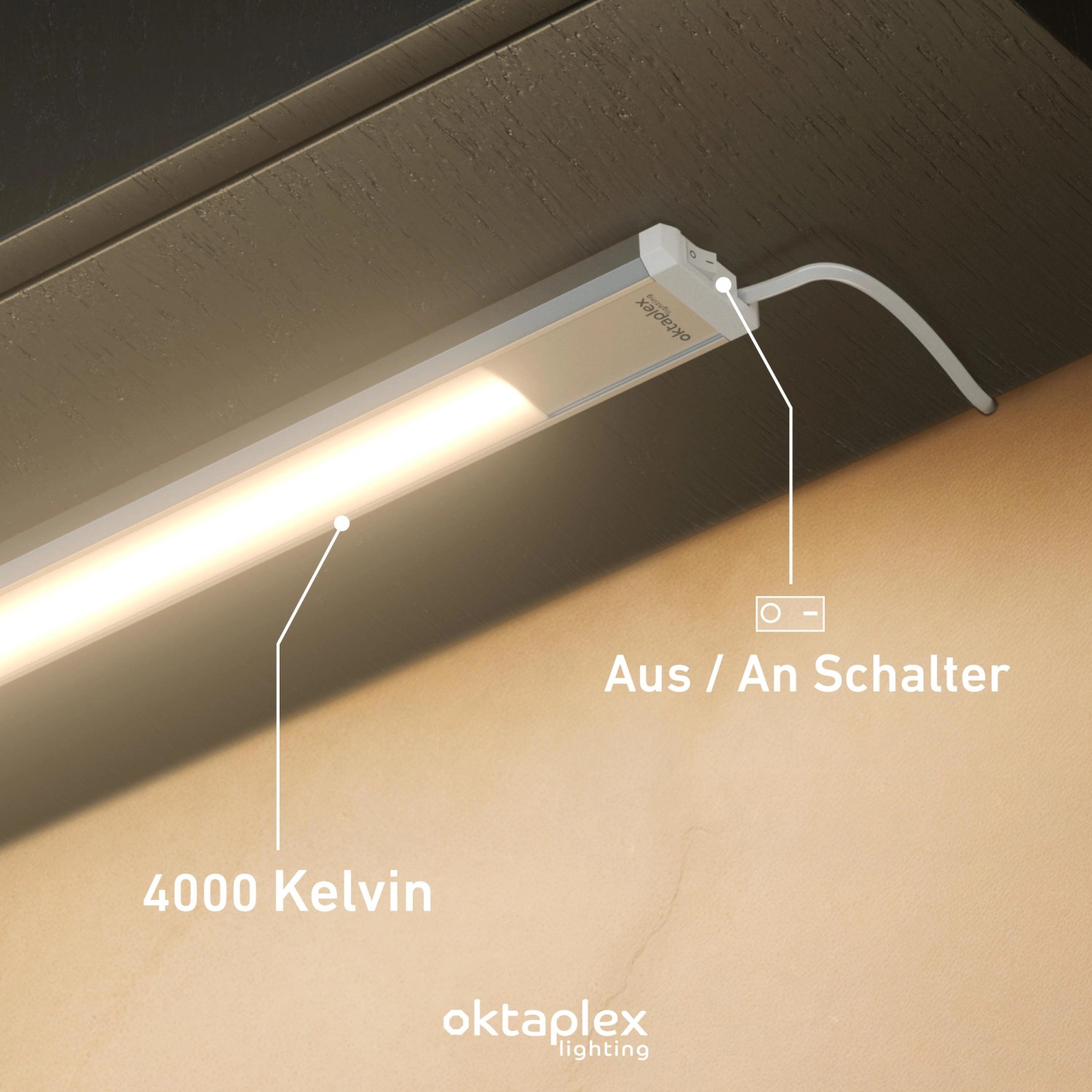 Oktaplex LED Unterbauleuchte, 57,5cm, Aluminium, neutralweißes Licht (4000K), mit Schalter für Küchenbeleuchtung.