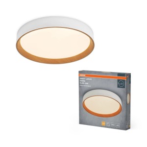 Osram LED-Deckenleuchte Orbis Larios, rund, weiß mit Holzdesign-Ring, dimmbar. Ø 49 cm.