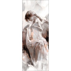 Leinwandbild Haenraets Painted Lovely, 77x27 cm, abstrakte Darstellung einer sitzenden Frau in Weiß- und Brauntönen.