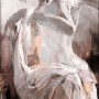 Leinwandbild Haenraets Painted Lovely, 77x27 cm, abstrakte Darstellung einer sitzenden Frau in Weiß- und Brauntönen.