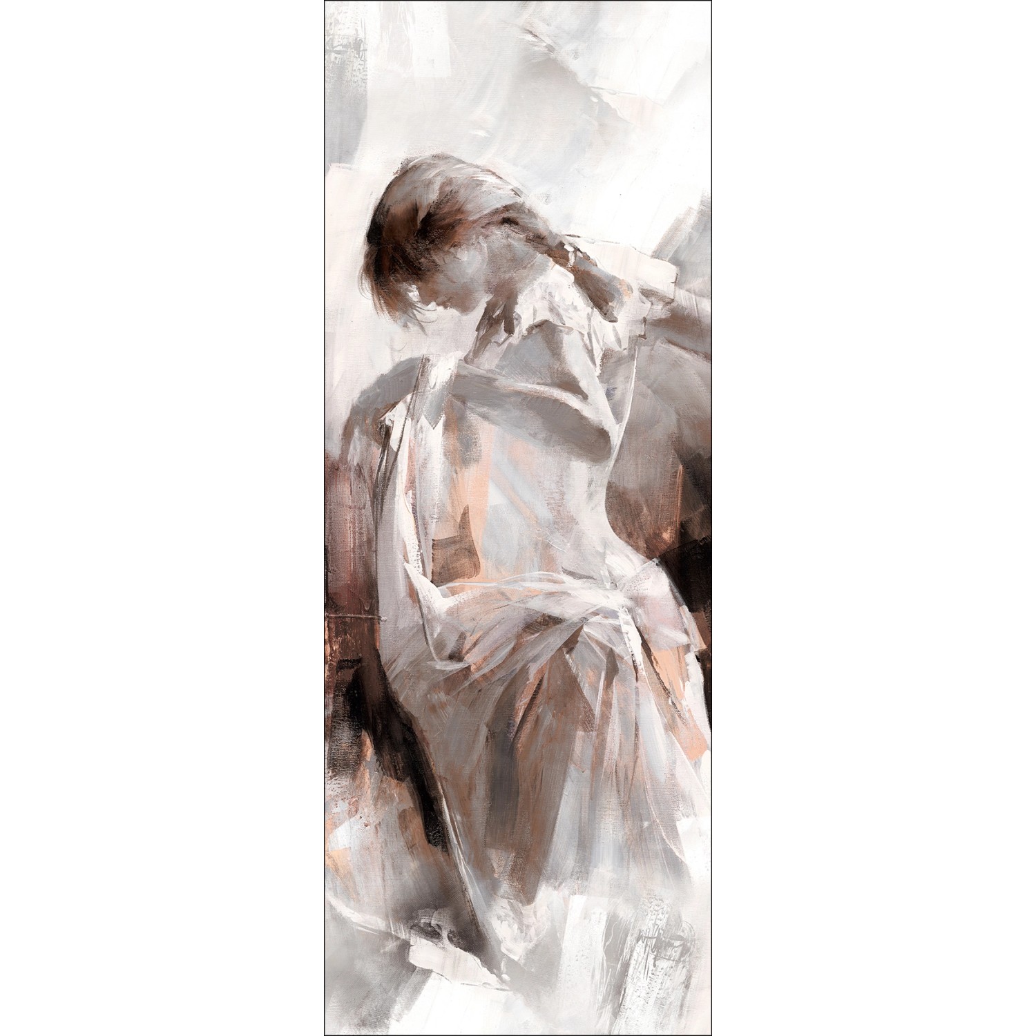 Leinwandbild Haenraets Painted Lovely, 77x27 cm, abstrakte Darstellung einer sitzenden Frau in Weiß- und Brauntönen.