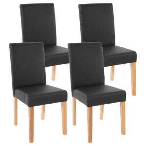 4er-Set MCW Esszimmerstühle Littau: schwarzes Kunstleder, helle Holzbeine, hohe Rückenlehne. Modern, gut gepolstert.