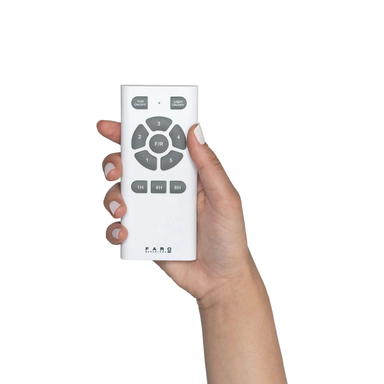 Fernbedienung für FARO Deckenventilator Islot, weiße Fernbedienung in Hand gehalten.
