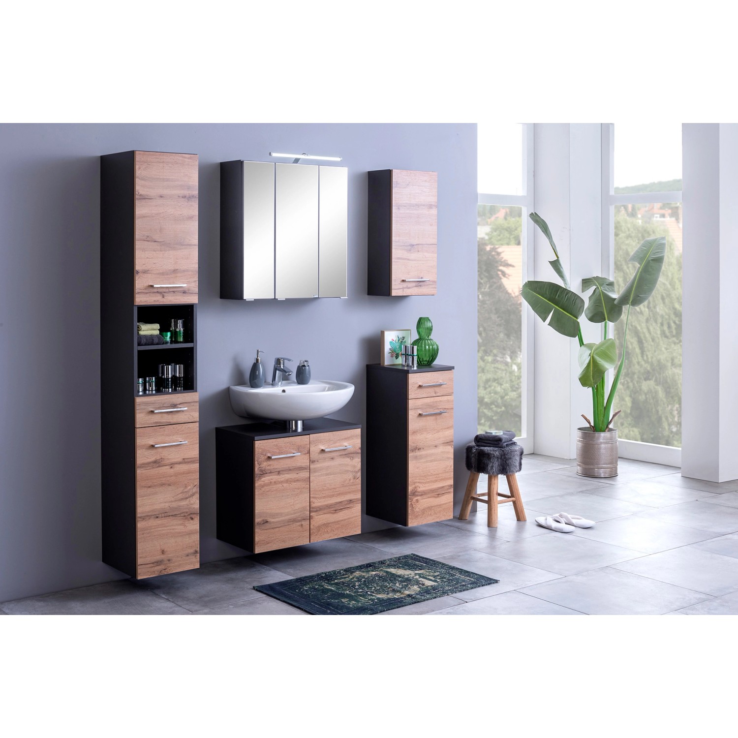 Held Möbel Hochschrank Molina, 30 cm, Wotaneiche/Graphitgrau, Badmöbel-Set.