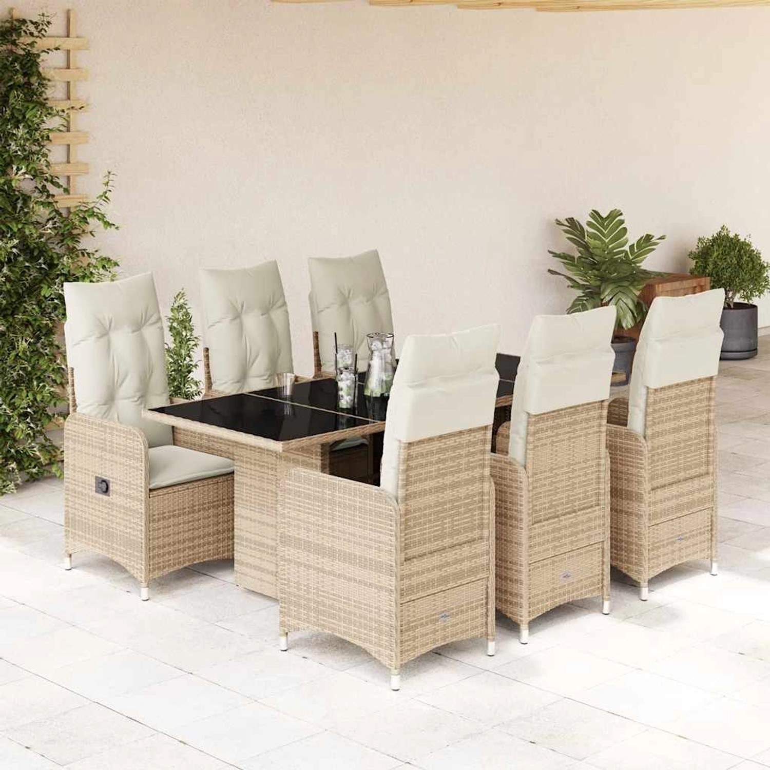 7-tlg. Garten-Bistro-Set: Tisch mit Glasplatte, 6 Rattansessel mit Kissen in Beige. Gartenmöbel für Terrasse und Balkon.