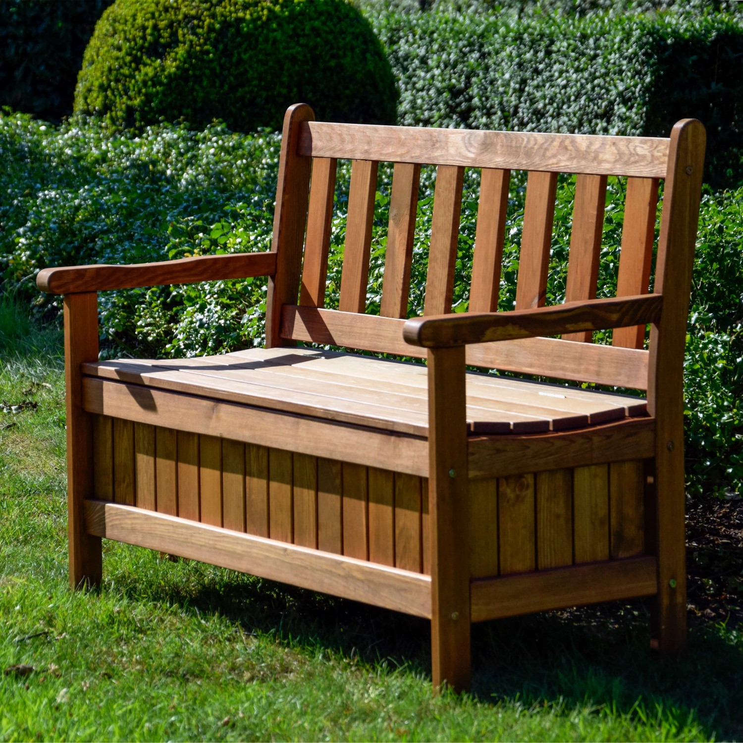 Gartenbank 2-Sitzer aus geöltem Kiefernholz mit Stauraum, braun. Ideal für Garten & Terrasse.