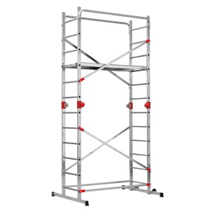 Hailo Alu-Multifunktionsgerüst G60, Aluminium Gerüst mit Plattform und roter Sicherung.