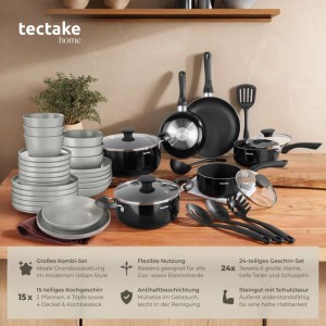 Tectake Küchenstarterset mit Geschirr und Töpfen aus Steingut und Aluminium, grau und schwarz.
