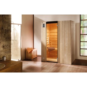 Weka Infrarotkabine Ranua 2 mit wekaTherm-Flächenstrahler und Glastür in hellem Holz.
