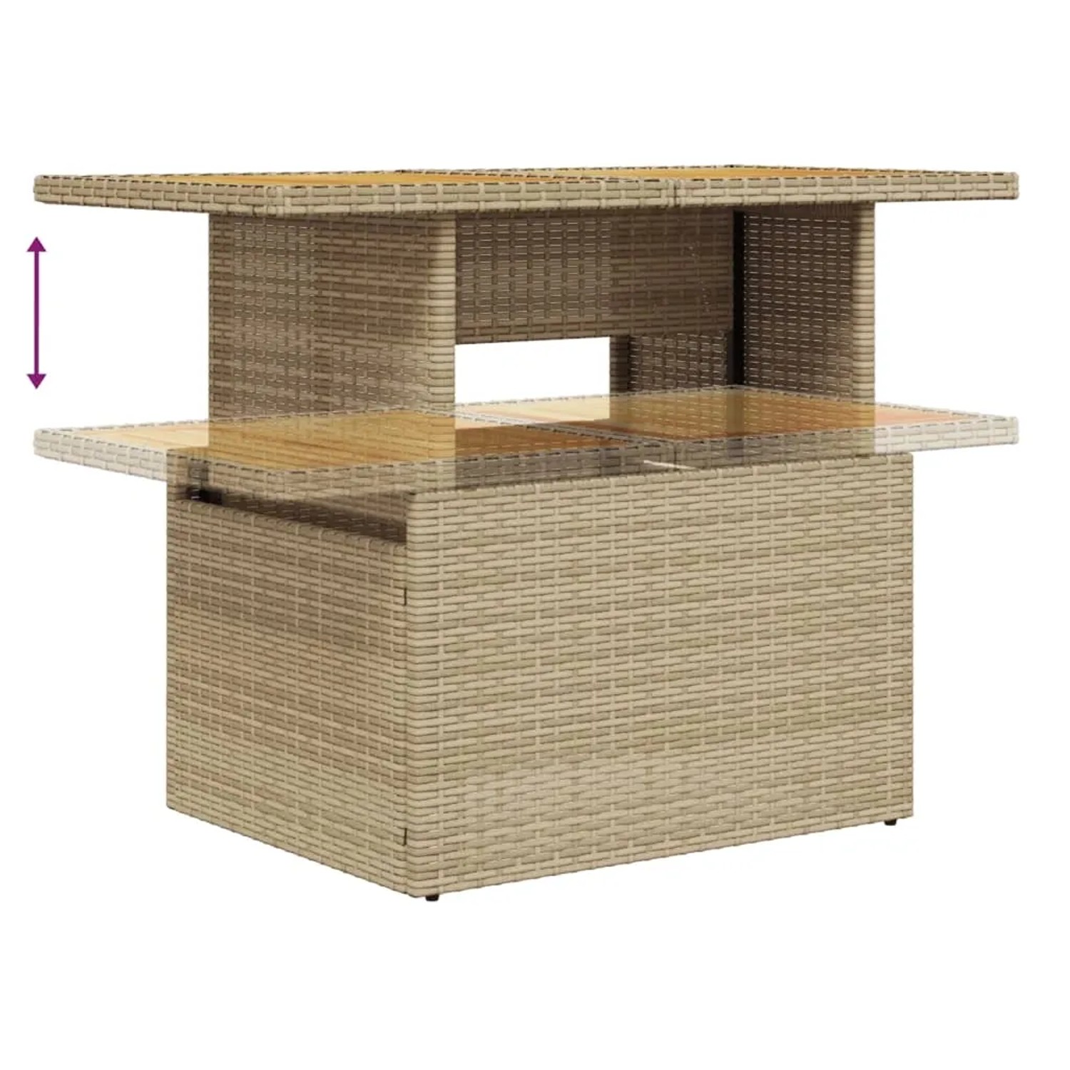Beiger Gartentisch aus Rattan, höhenverstellbare Tischplatte für die vidaXL Sofagarnitur.