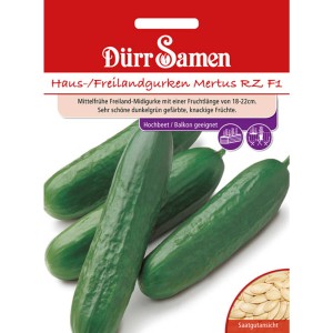 Dürr Samen Haus-/Freilandgurken Mertus RZ F1 Saatgut Packung mit dunkelgrünen Gurken.
