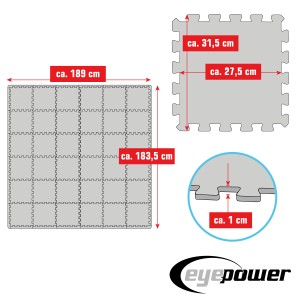 Schwarzes 36er Set eyepower Bodenschutzmatten, 30x30x1 cm, für Werkstatt oder Fitnessraum.