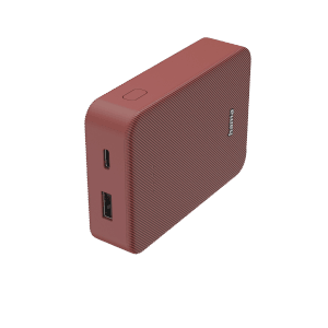 Rote Hama Power Bank Colour 10 mit USB-C/USB-A Anschlüssen und 10.000 mAh Kapazität.