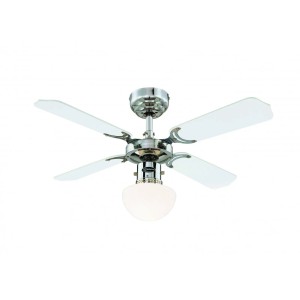 Westinghouse Deckenventilator Portland Ambiance Chrom, 90 cm, mit Leuchte und weißen Flügeln.