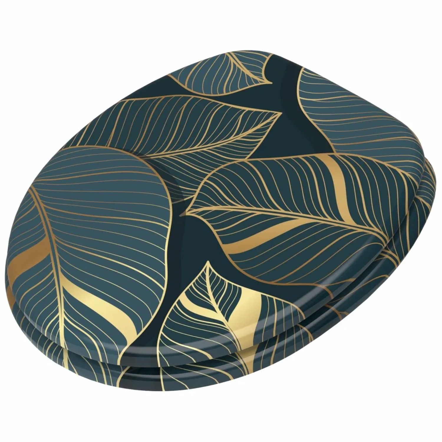 SANILO WC-Sitz Monstera aus Holz mit goldenem Blätter-Design.