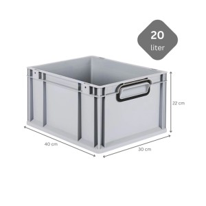 Graue PROREGAL Eurobox 20L mit Deckel, Griffe schwarz. Stapelbare Aufbewahrungsbox für Lager und Transport.