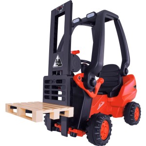 BIG Linde Gabelstapler für Kinder mit Palette, rot/schwarz. Kinderfahrzeug für Rollenspiele.