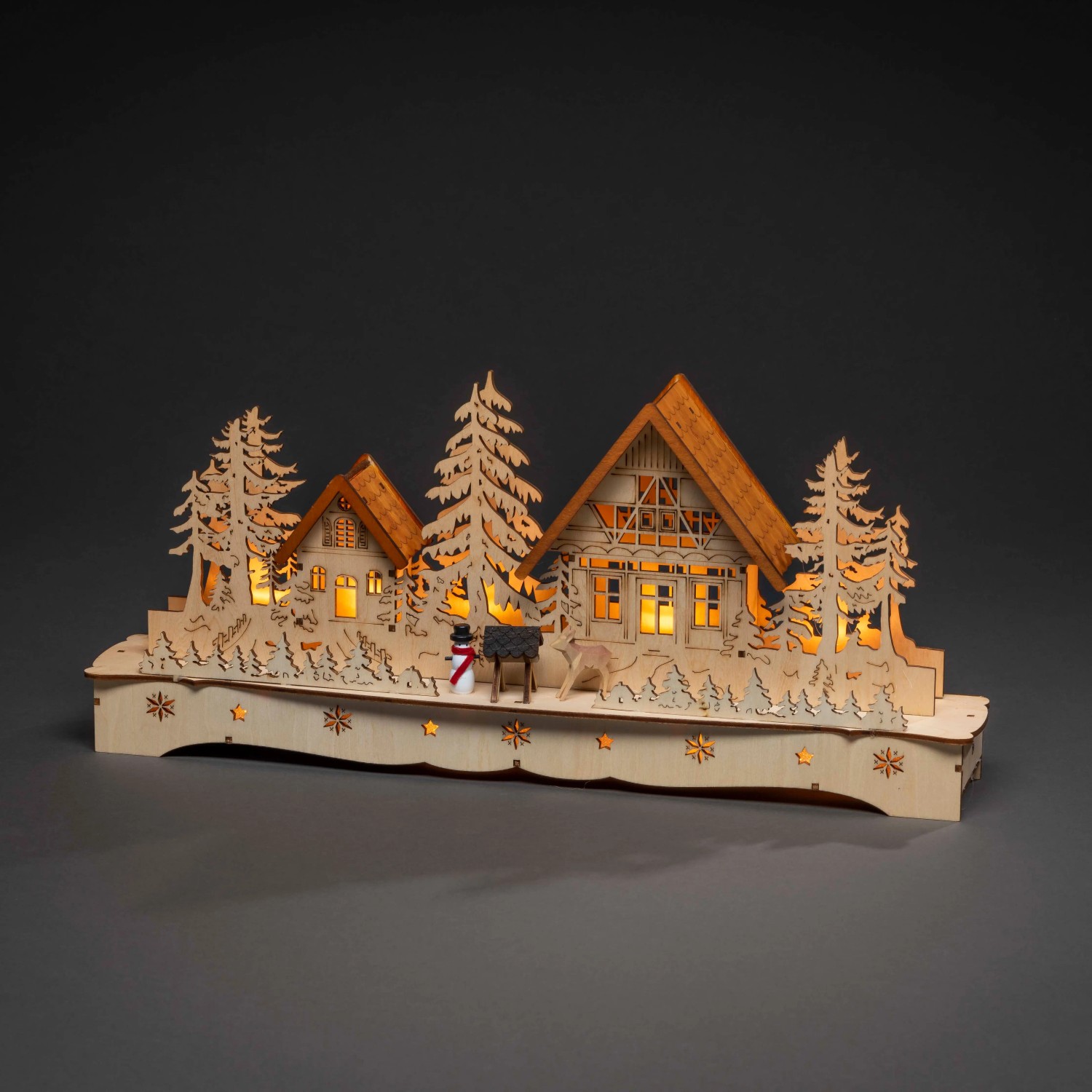 Konstsmide LED-Holzsilhouette Dorf mit Schneemann und Rentier 9 LEDs Warmweiß