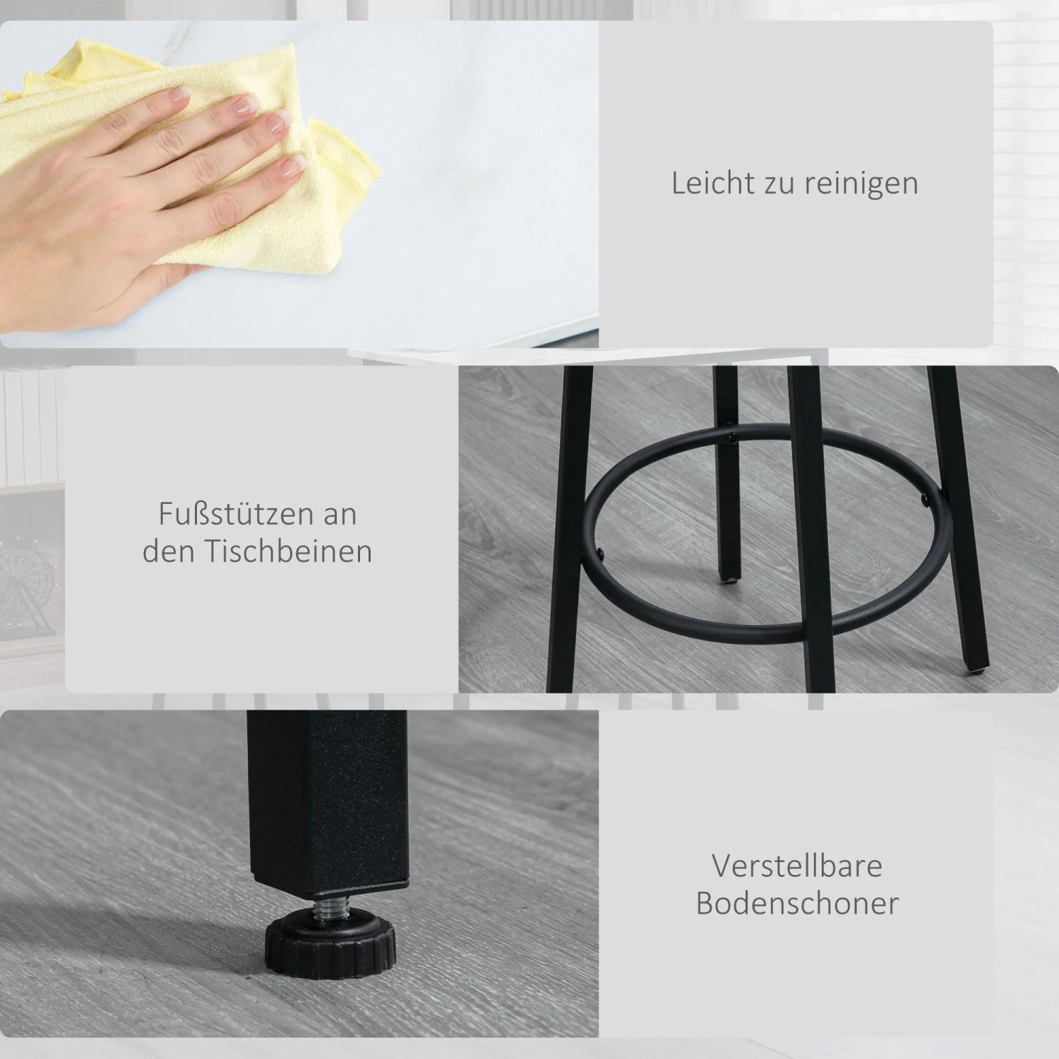 Details des HOMCOM Bartisch Sets: weiße, leicht zu reinigende Oberfläche, schwarze Fußstütze am Hocker, verstellbare Bodenschoner.