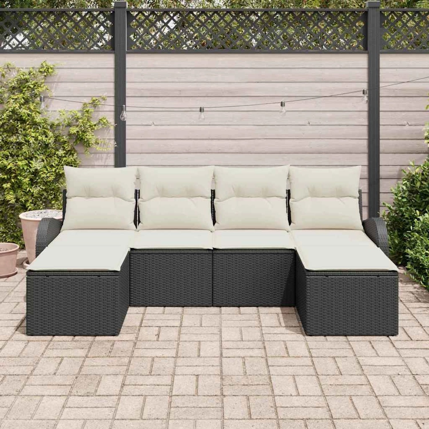 Schwarzes vidaXL Garten-Sofa-Set aus Rattan mit weißen Kissen, 6-teilig.