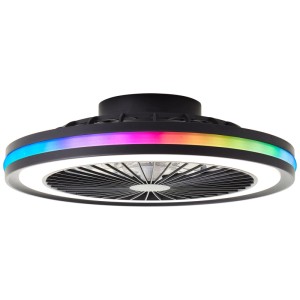 Schwarze LED-Deckenleuchte Palmero mit Ventilator und RGB-Rahmenlicht, Ø 46,6 cm.