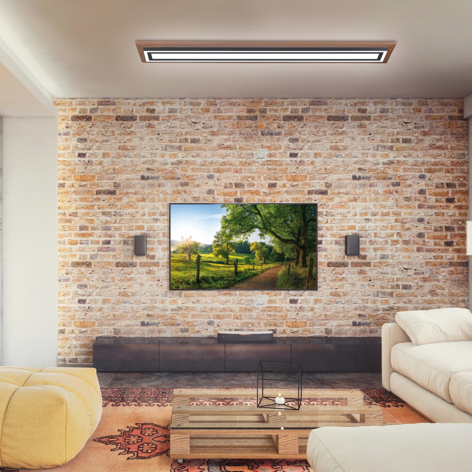 Paul Neuhaus LED-Panel Palma im Holzdekor, eine dimmbare Deckenleuchte im Wohnraum.